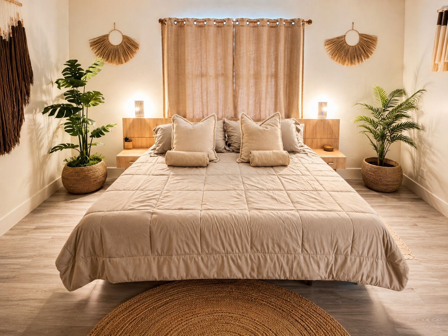 A bedroom with a large bed, two bedside tables, a headboard, and two wall-mounted lamps.