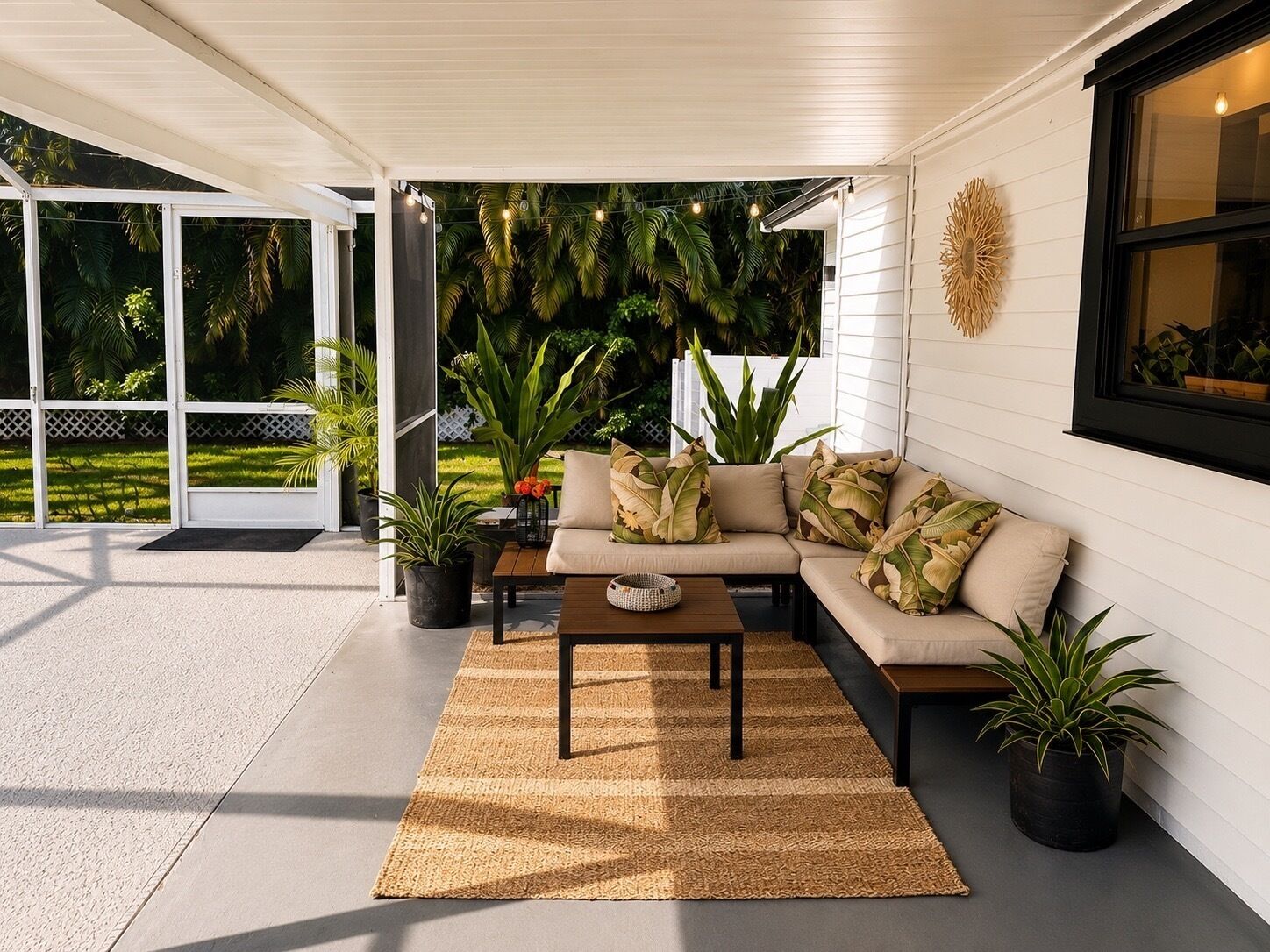 An outdoor patio area with a sofa, coffee table, and potted plants.