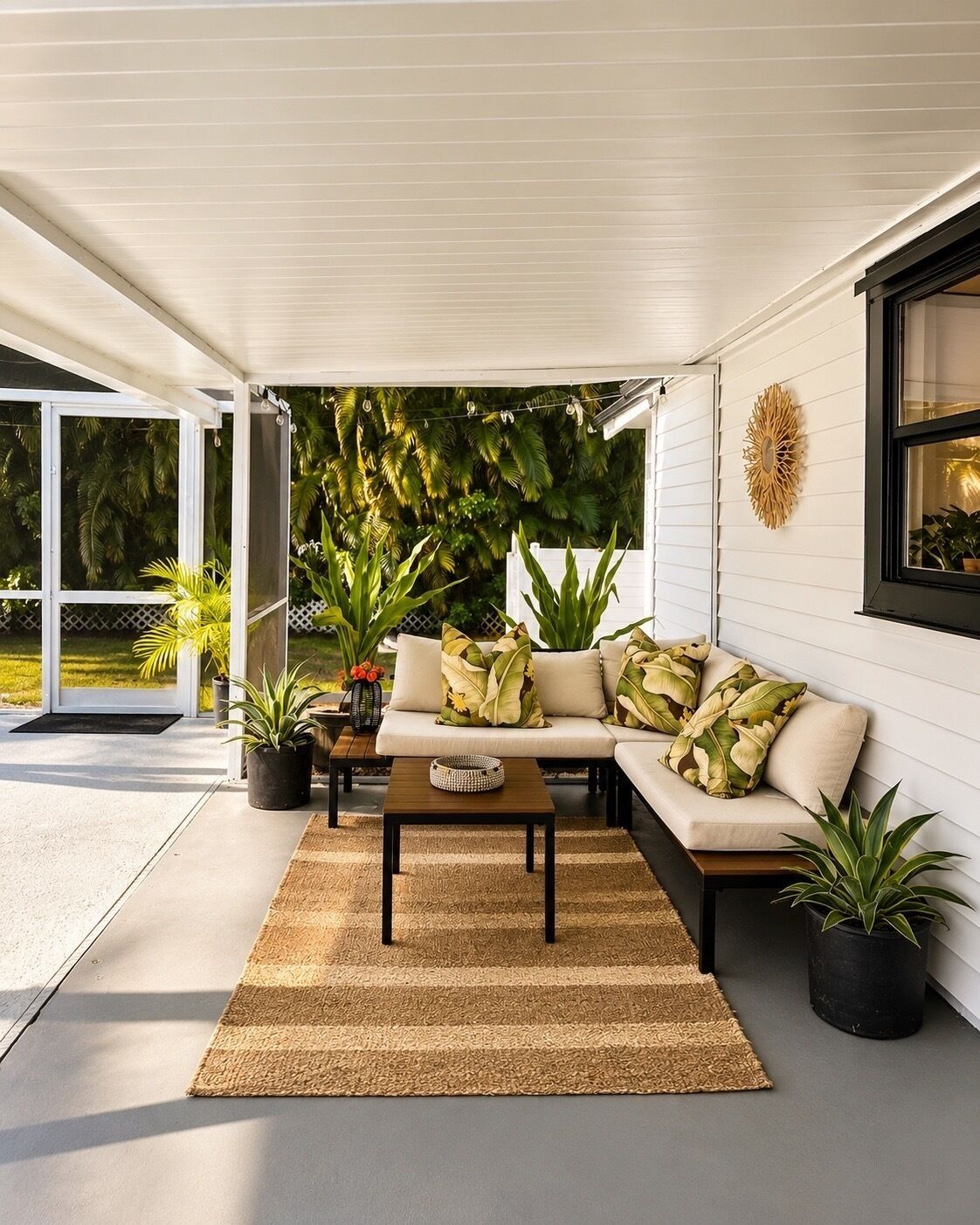 A covered patio with a sofa, coffee table, and potted plants.