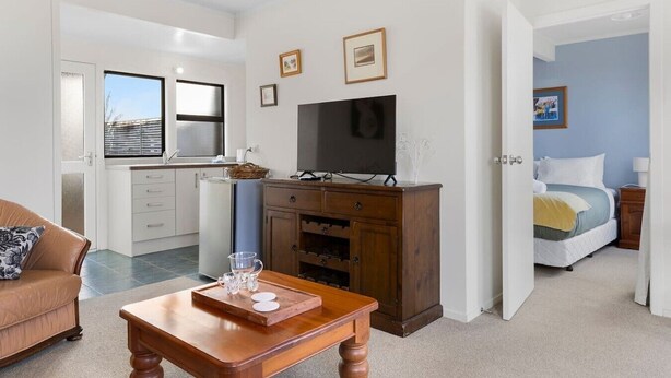 Ein gemütlicher, kleiner Wohnraum mit Küchenzeile, Fernseher, Bett und Sitzgelegenheit.