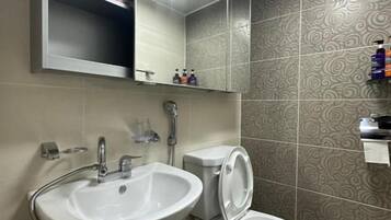 A bathroom with a pedestal sink, a toilet, and a mirror above the sink.