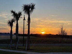 A sunset with palm trees and a street lamp. - Sunset Haven at Crosswind East 3BR Near Disney & Legoland (Haines City)