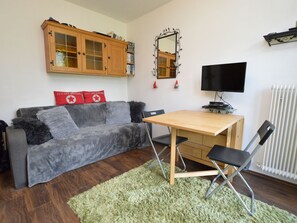 A living room with a sofa, a coffee table, a TV, and a radiator. - Cozy apartment, opposite the ski lift. (Hinterthal - Maria-alm)