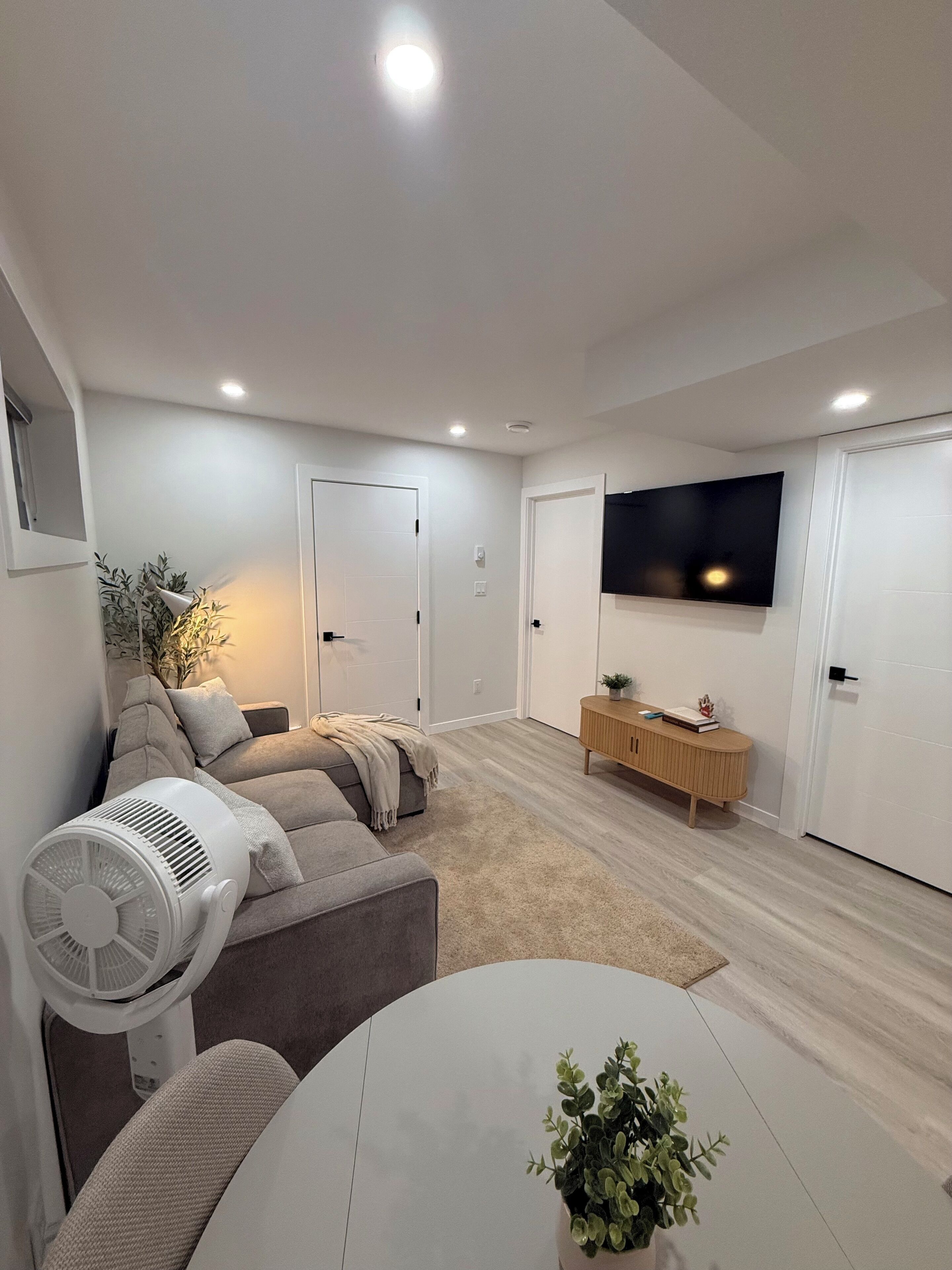 A modern living room with a sofa, a fan, a TV, and a small table with a plant.