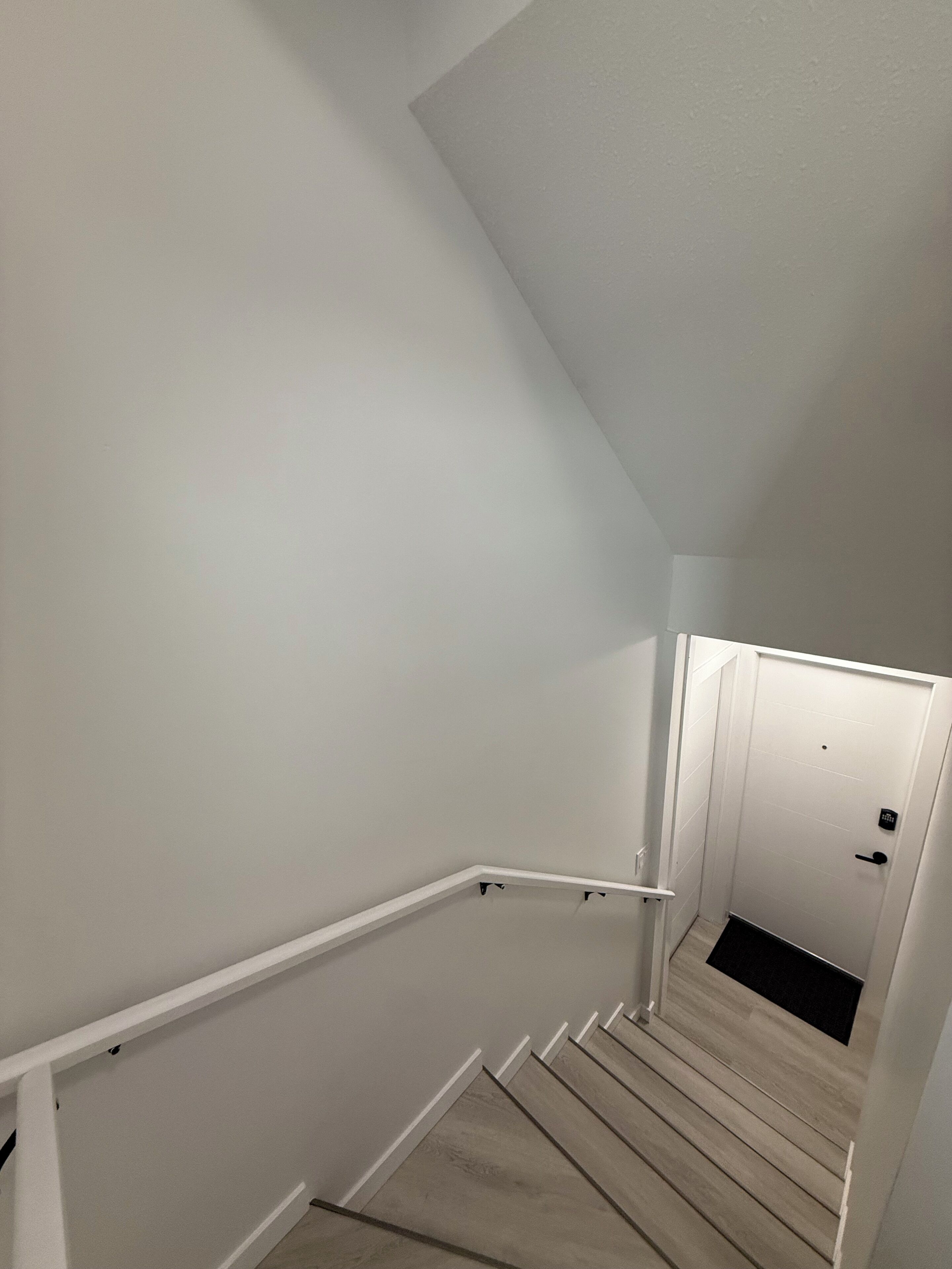 A staircase with a handrail leading to a door with a black mat.
