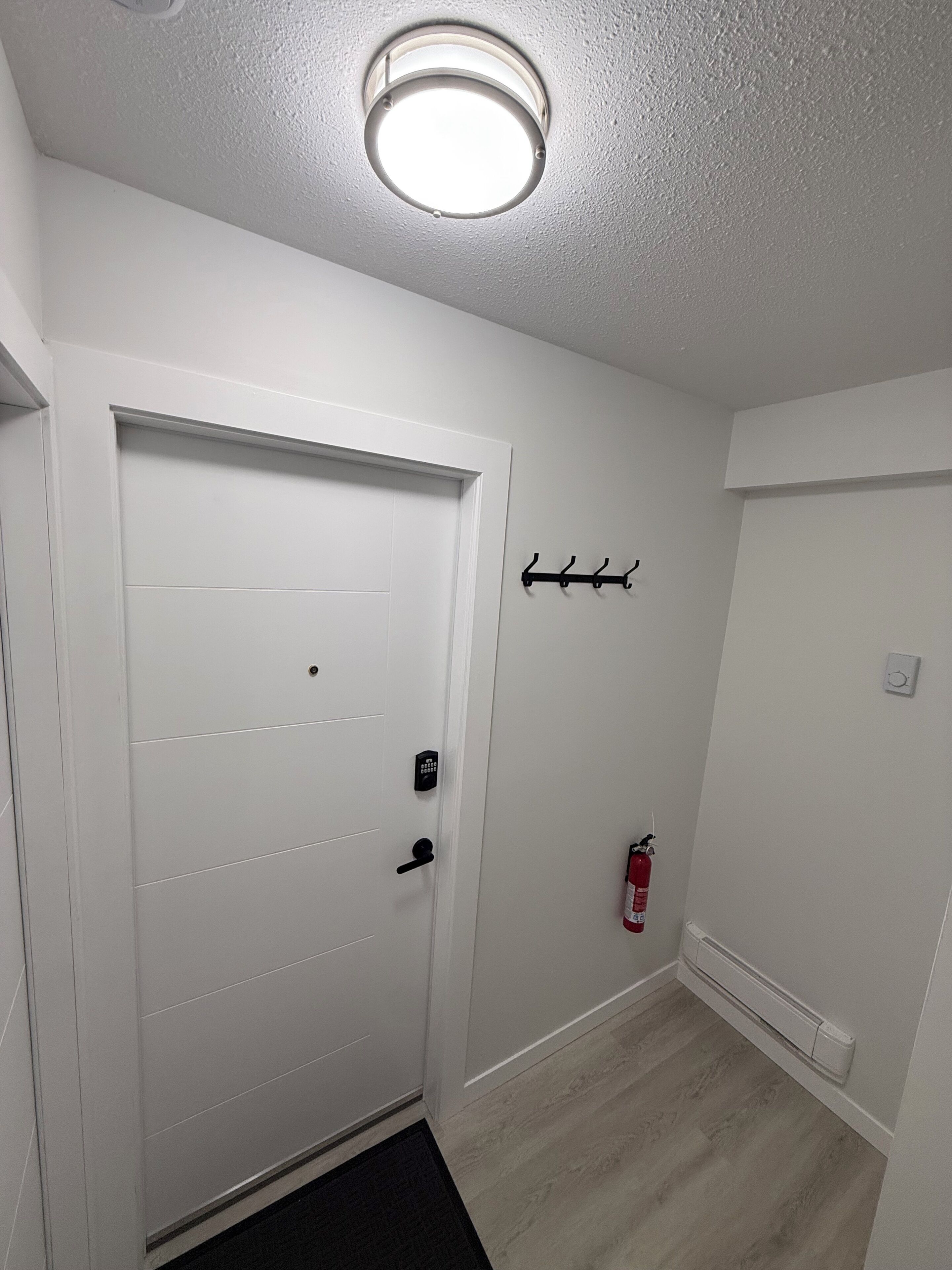 A white door with a keypad lock, a fire extinguisher mounted on the wall, and a ceiling light fixture.