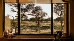 A room with a large window overlooking a savannah landscape.
