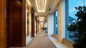 Un pasillo de hotel con paneles de madera, alfombra estampada y ventanas grandes.