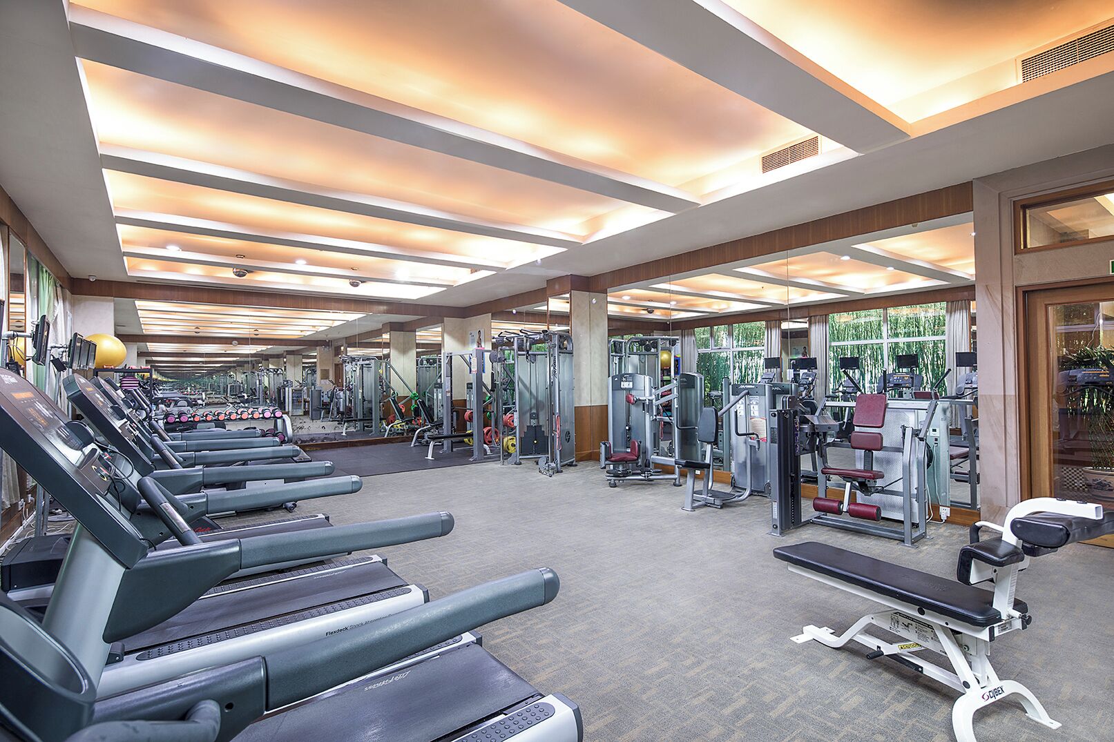 A gym with treadmills, weight machines, and mirrors.