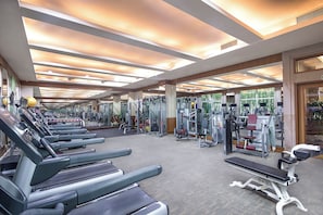 A gym with treadmills, weight machines, and mirrors.