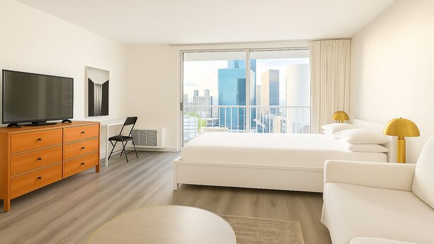 A hotel room with a bed, a TV, a dresser, and a view of the cityscape. - Cute Studio in the center of Waikīkī with Parking (Honolulu)