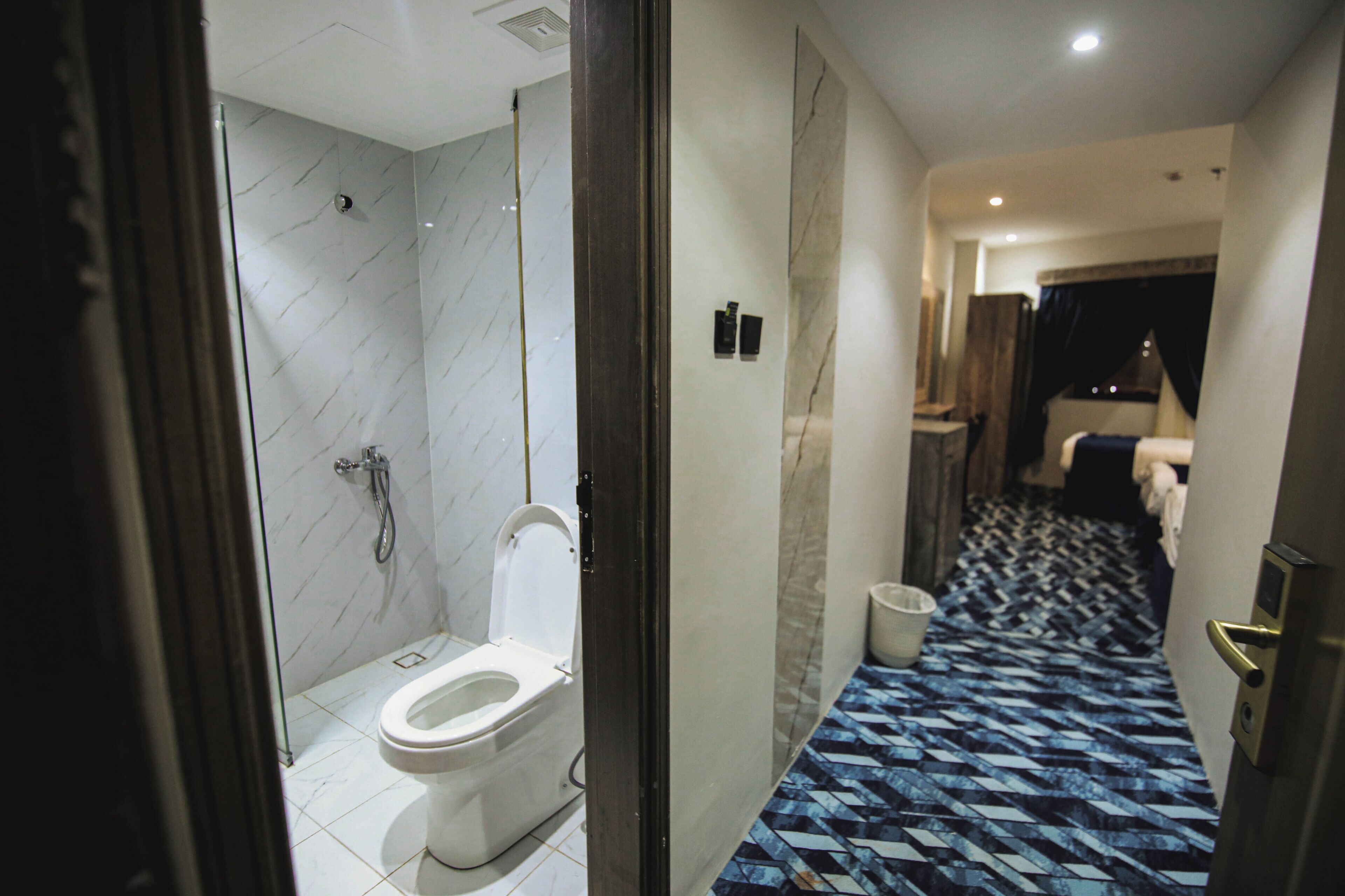 Une salle de bain d’hôtel avec une douche, des toilettes et un carrelage décoratif.