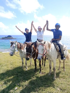 Three people on horseback with a body of water and a distant island in the background.