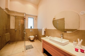 A modern bathroom with a walk-in shower, a toilet, a sink with a vanity, and a large mirror. - Staymaster Villa Zelora - 4BR with Pool  (Siolim)