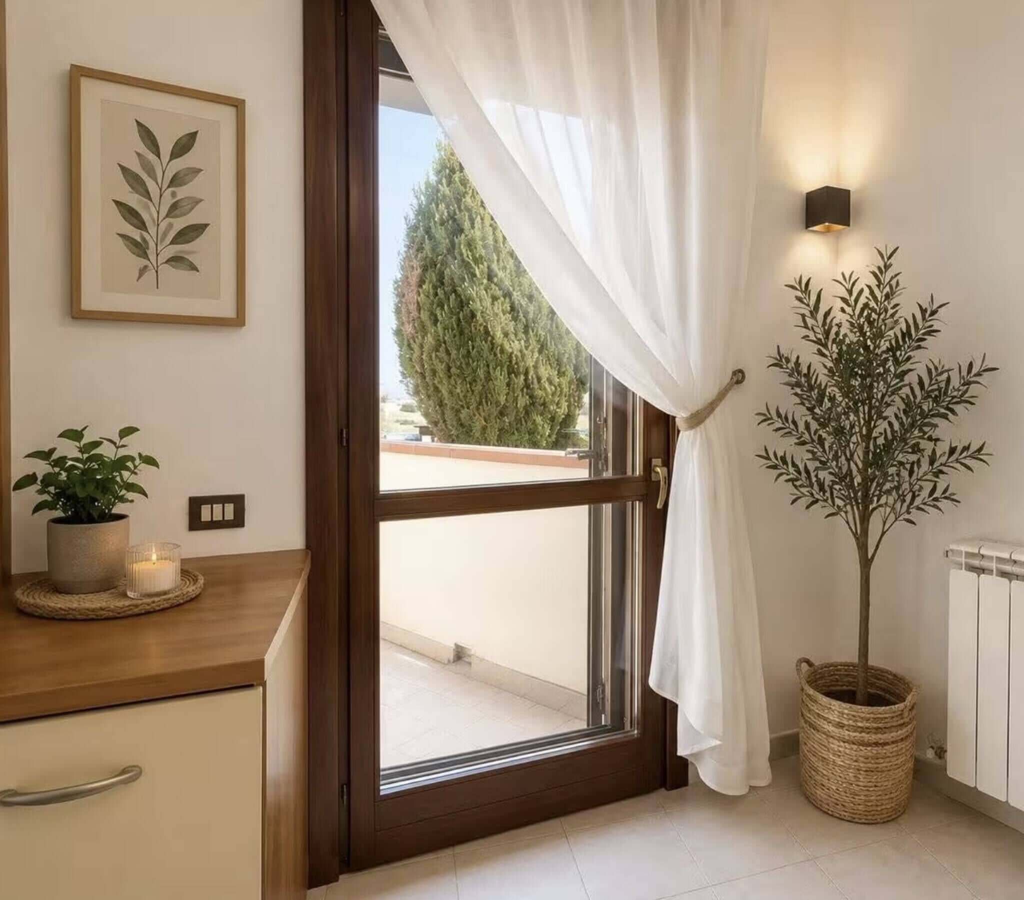 Ein Zimmer mit Holztür, Blumentopf, gerahmtem Pflanzenmotiv und einer Wandleuchte.