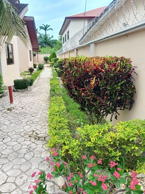 A paved pathway flanked by lush greenery and a building with a red roof and barbed wire. - Superb 6-bedroom apartment with AC in Takoradi, best location and beautiful area (Takoradi)