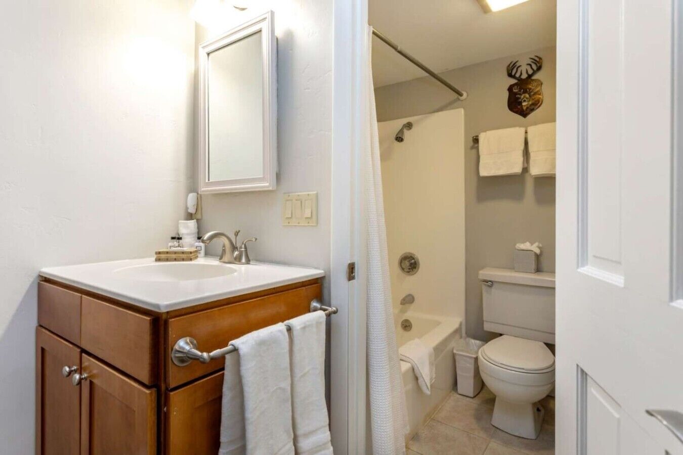 Un bagno con un mobile bagno in legno, uno specchio, una doccia e un WC.
