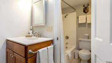 Un bagno con un mobile bagno in legno, uno specchio, una doccia e un WC.