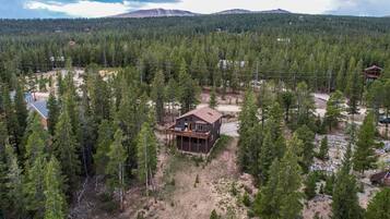 Une cabane entourée d’une forêt dense, sous un ciel dégagé, avec des montagnes qui se dessinent à l’horizon.