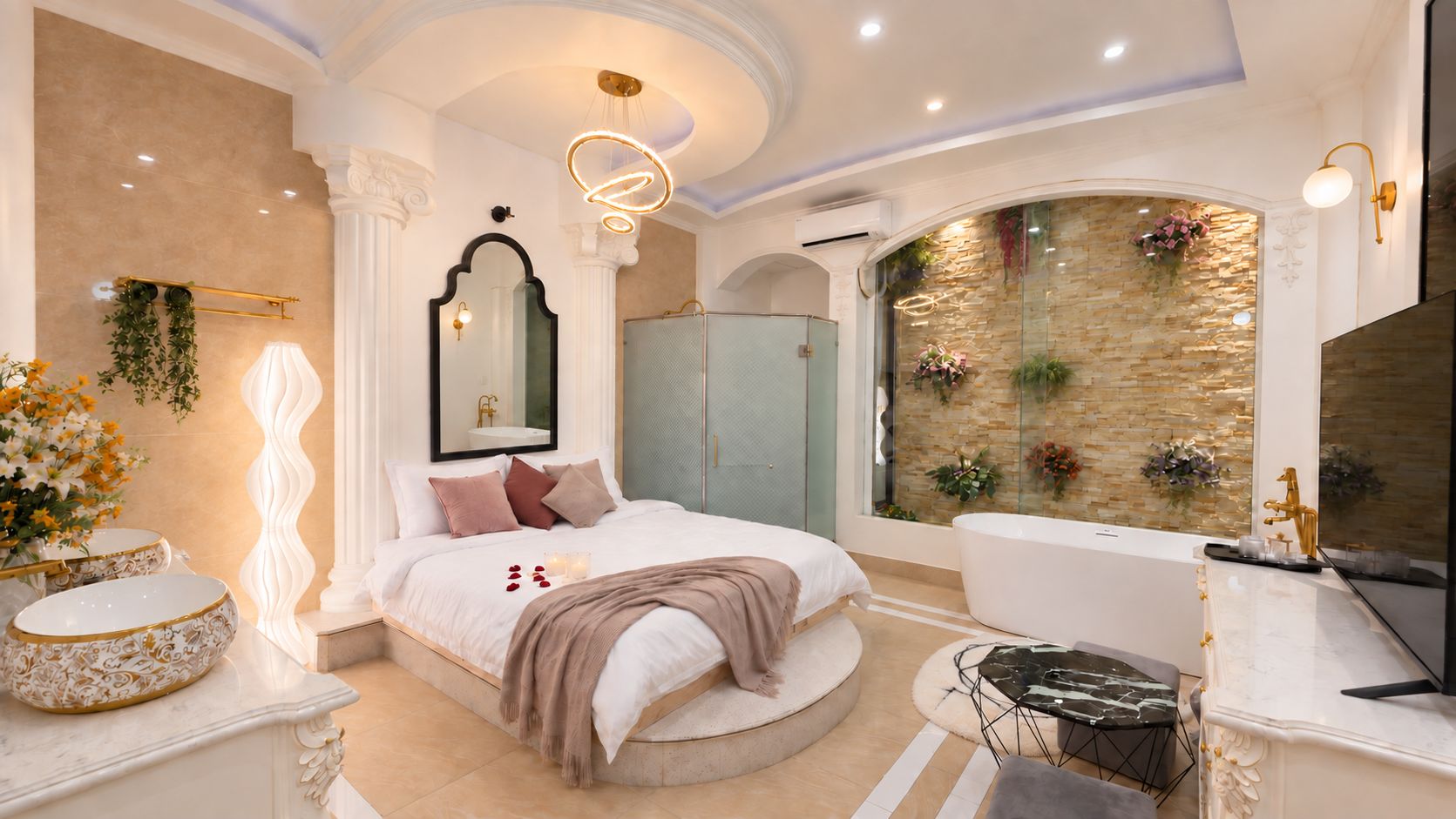 A modern bedroom with a large bed, a vanity with a mirror, a bathtub, and a stone wall with plants.