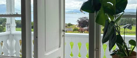 A room with a view of a balcony, a potted plant, and a partially open door.