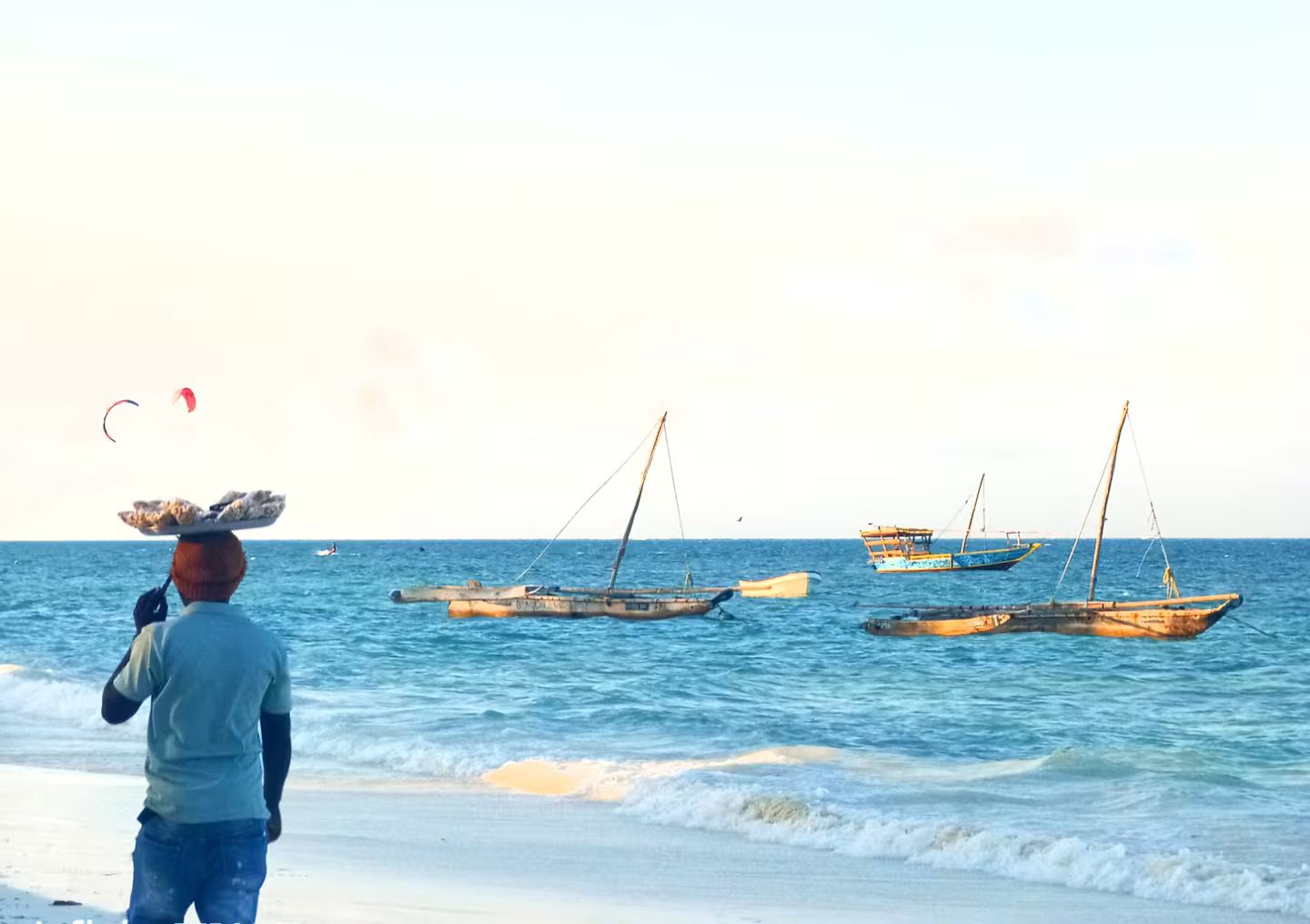 Une plage où plusieurs bateaux sont amarrés et où une personne se tient sur le rivage.