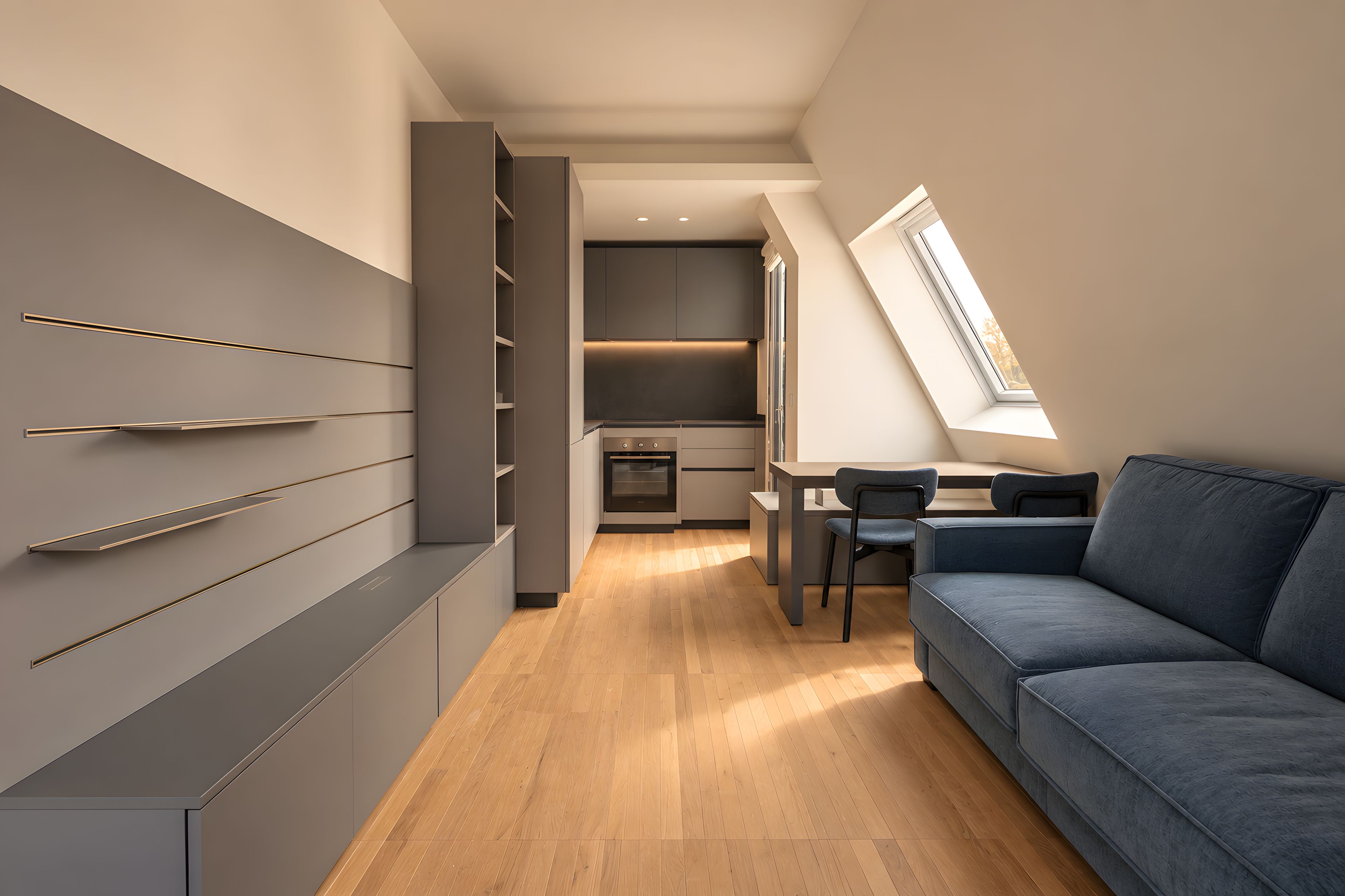 Un moderno loft con cucina, zona pranzo e angolo salotto accogliente.