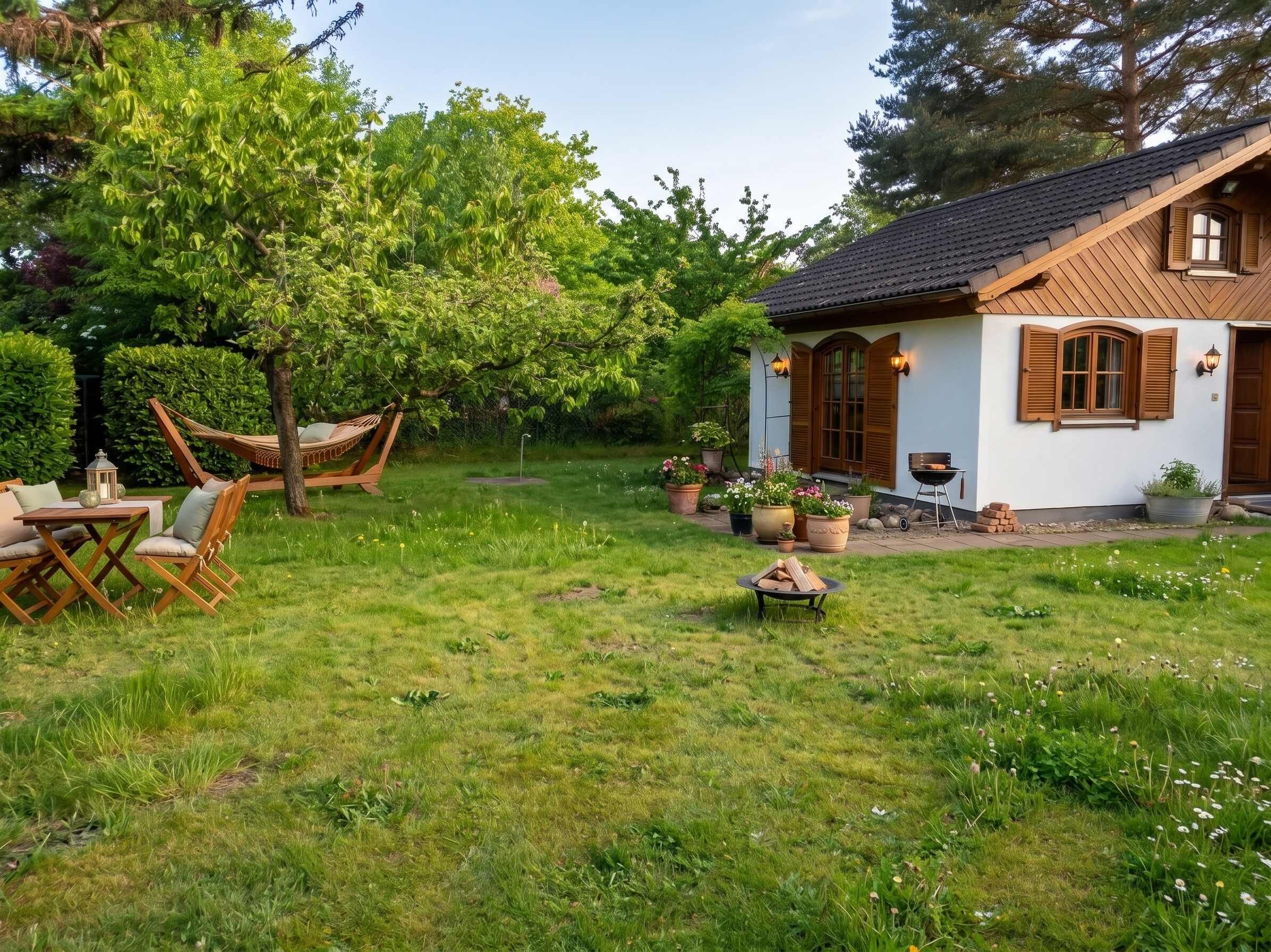 A house with a garden, a hammock, and outdoor furniture.