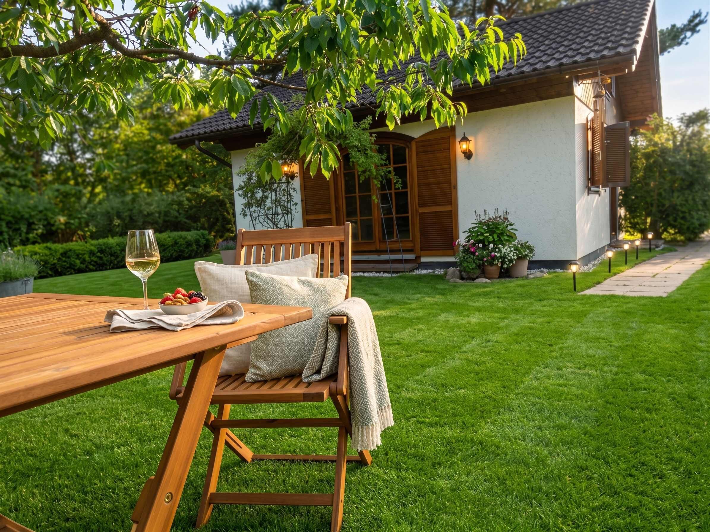 Un tavolo da pranzo in legno all'aperto con un bicchiere di vino e una ciotola di frutta, una panca di legno con cuscini, e una casa con tetto in tegole e giardino.
