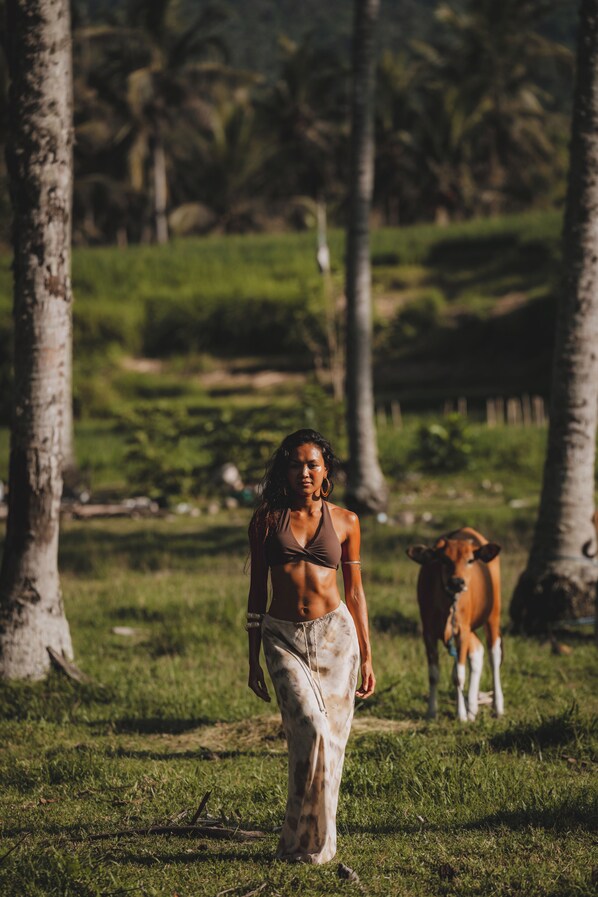 Una mujer caminando por un campo con árboles y una vaca al fondo.