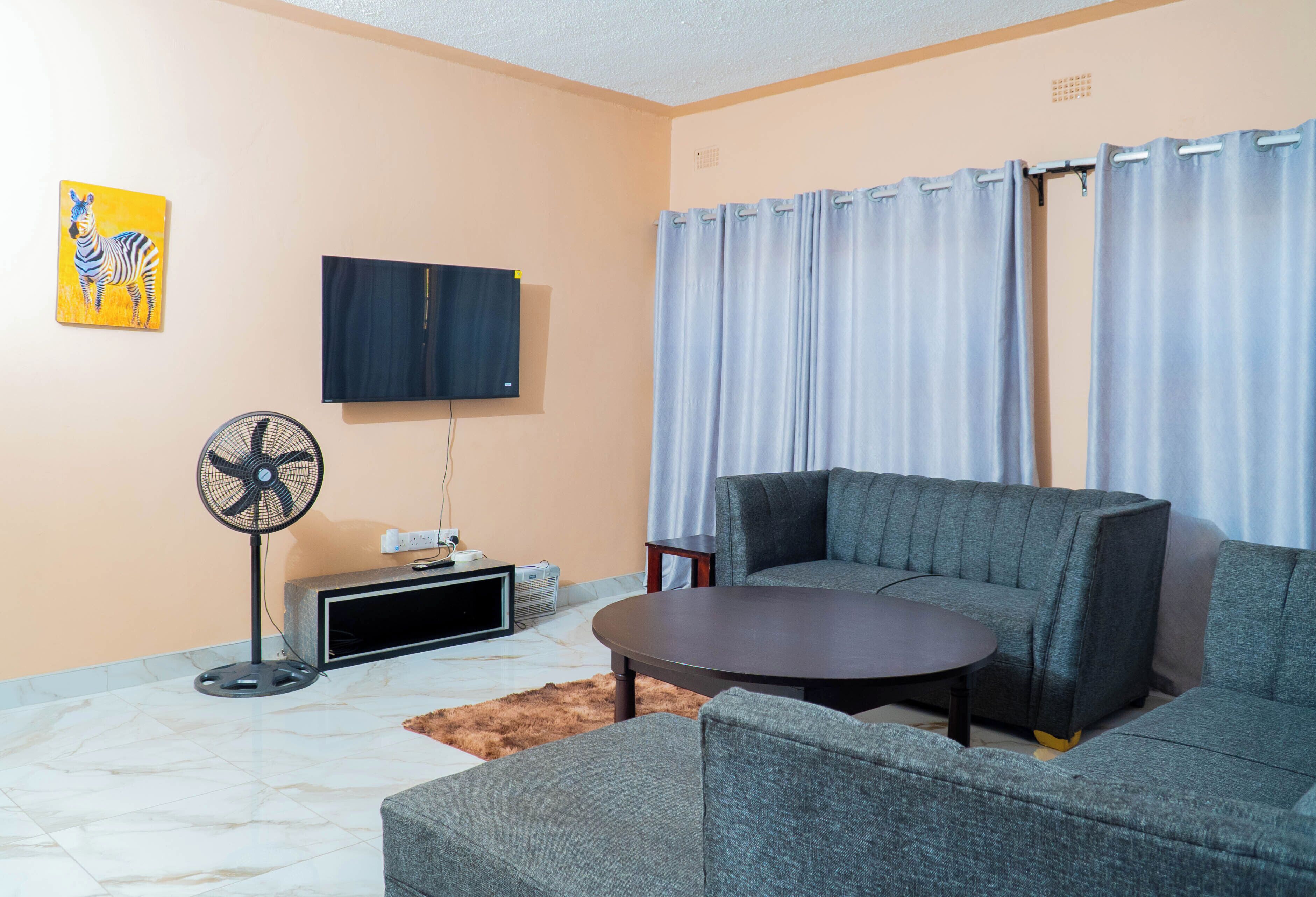 Un salon avec un canapé gris, une petite table ronde, un téléviseur fixé au mur, un ventilateur sur pied et un tableau représentant une zèbre.