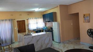 A compact living space with a kitchen area, a dining table, and a sofa.
