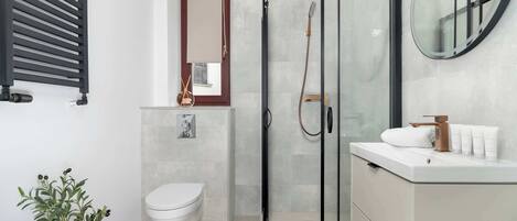 A modern bathroom with a toilet, a glass shower enclosure, a sink with toiletries, and a mirror.
