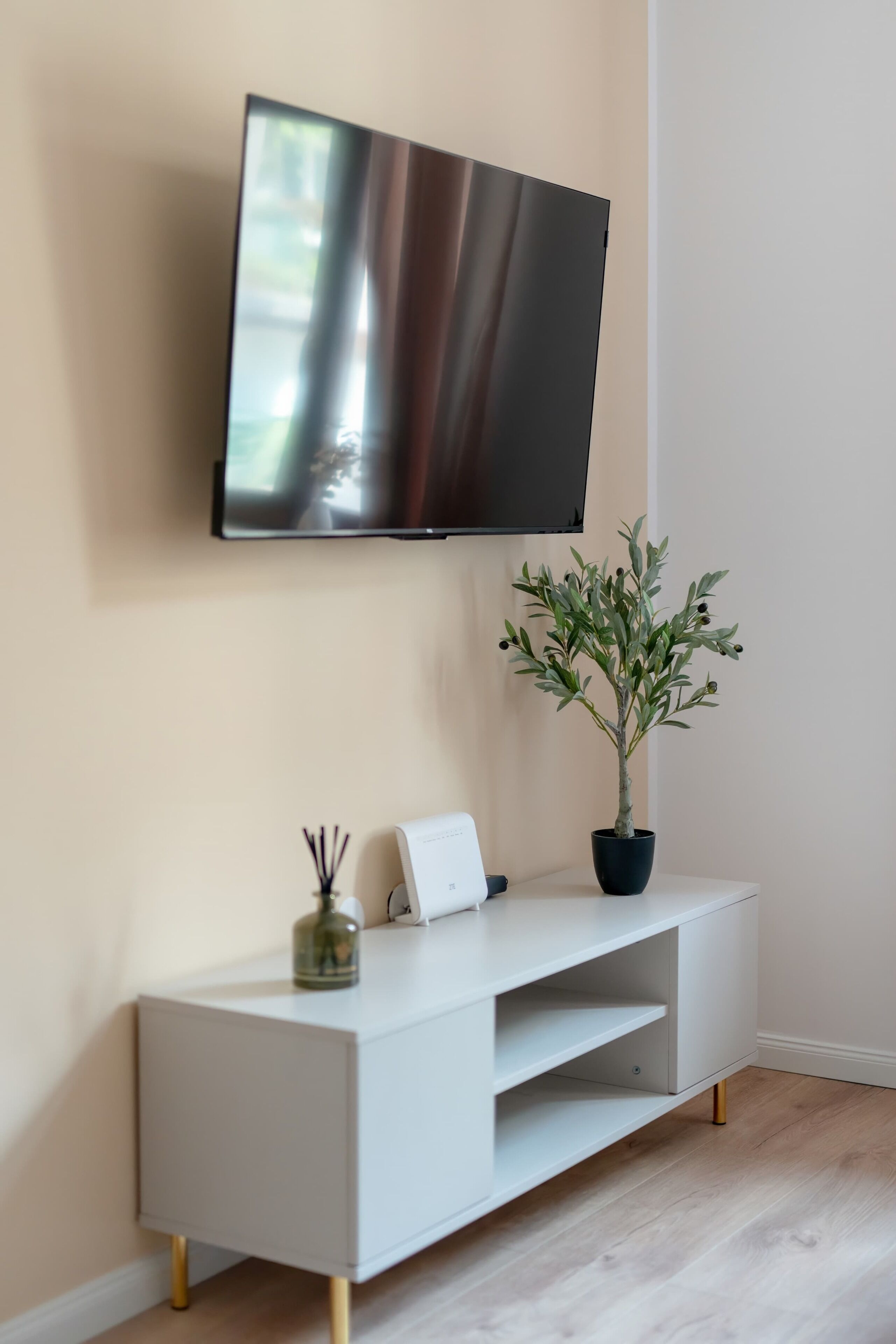 A modern living room with a flat-screen TV mounted on the wall, a white console table with a potted plant, and a small vase with a candle.