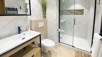 Shower, hair dryer, towels, soap
