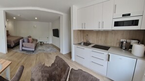 A modern kitchen with white cabinets and a built-in oven. - Rebstock Apartment in the wine-growing region of Baden-Baden. (Baden-Baden)