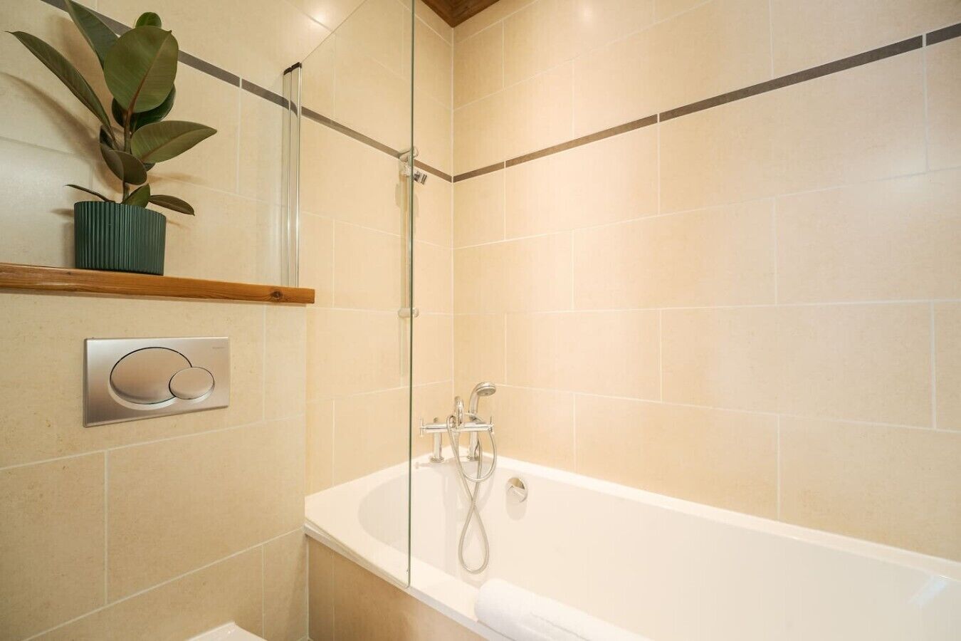 A bathroom with a bathtub, a glass shower enclosure, and a potted plant on a shelf.