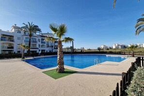 Ein Swimmingpool mit einer Palme, umgeben von einem Zaun, und Gebäuden im Hintergrund.