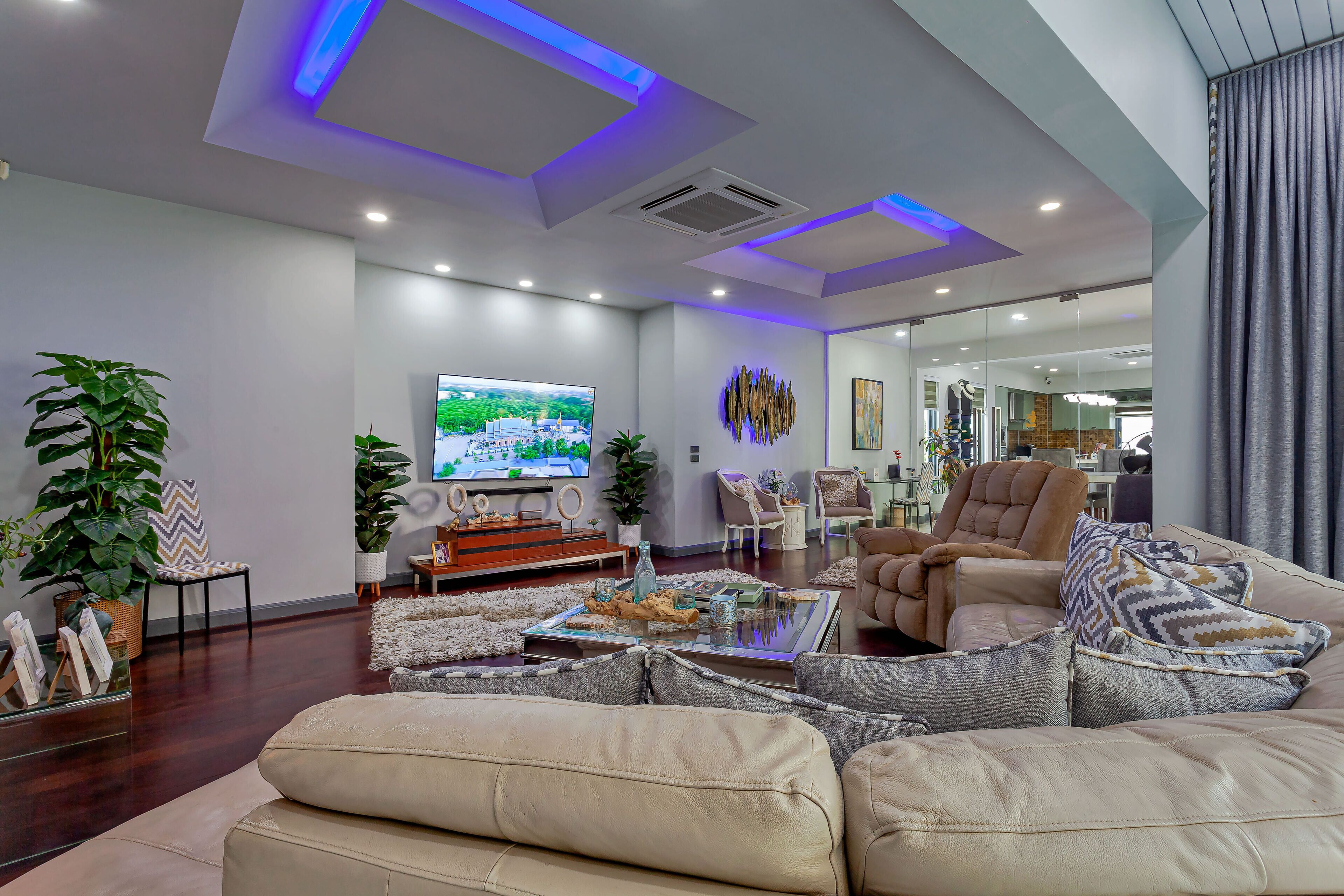 A modern living room with a flat-screen TV, leather sofas, a coffee table, and decorative plants.