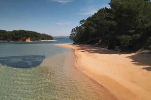 A beach with clear water, sandy shore, and dense forest. - Holiday apartment with garden and air conditioning (Turanj)