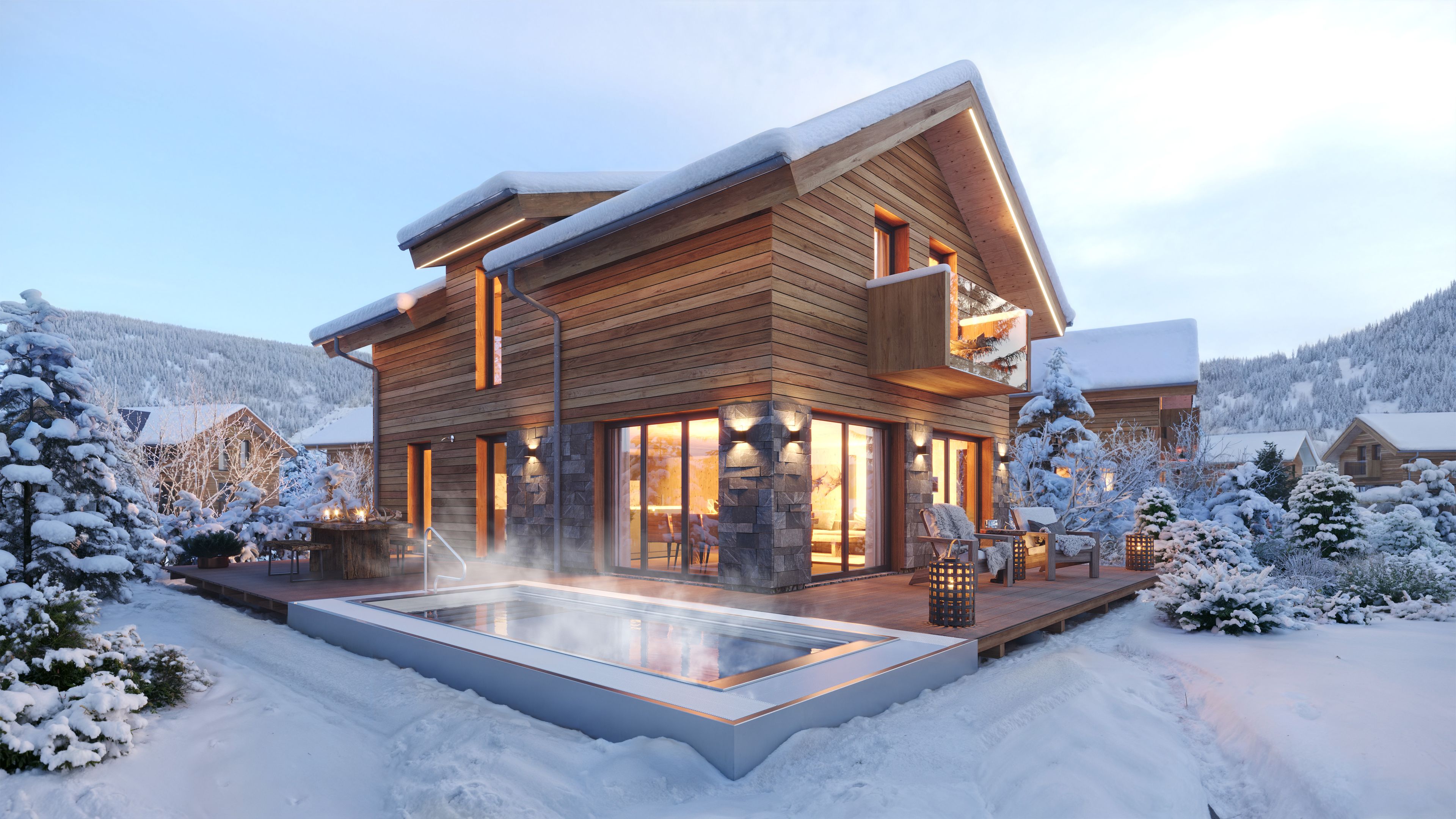 A modern log cabin with a heated outdoor pool, surrounded by snow-covered trees and a mountainous backdrop.