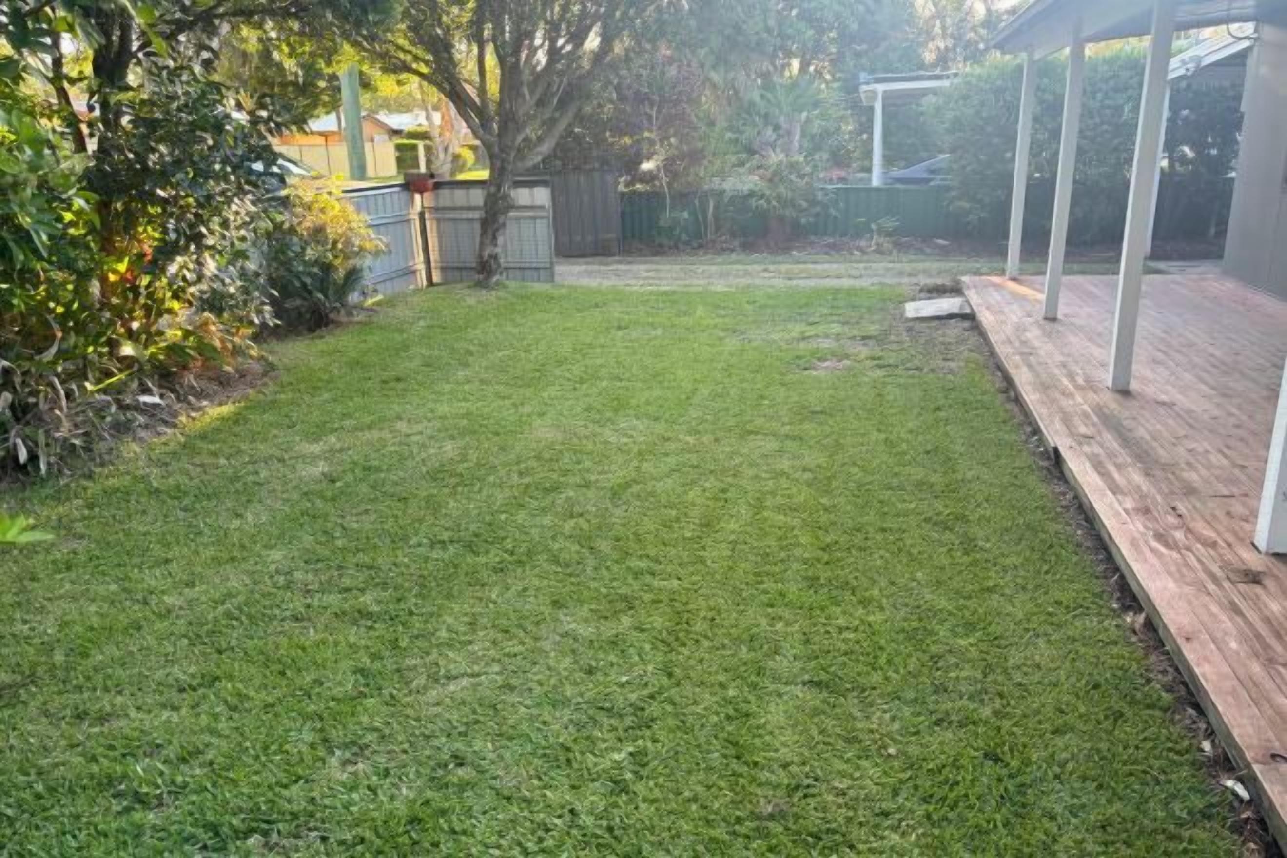 A backyard with a wooden deck, a grassy lawn, and a fenced area.