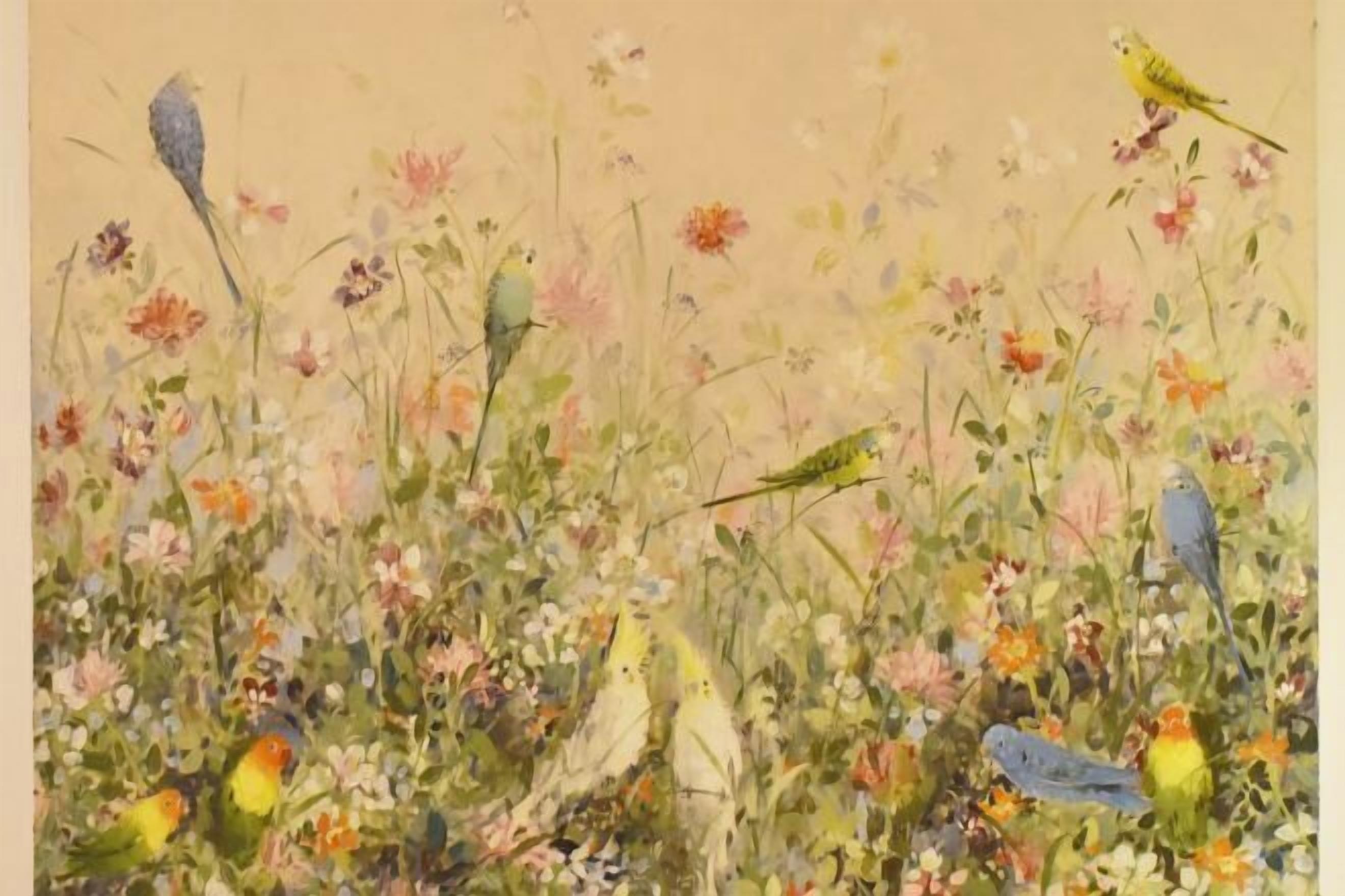 A painting of birds in a field with flowers.