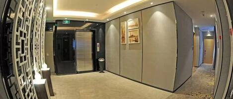 A hallway with a modern design, including a wall-mounted decorative panel, a door leading to an elevator, and a carpeted floor.