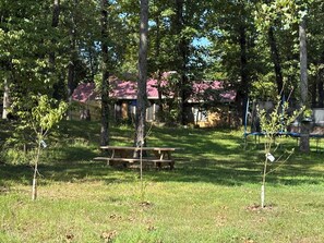Een picknicktafel in een grasveld, met bomen en een gebouw met een rood dak op de achtergrond.
