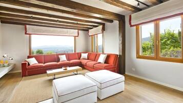 Apartamento Deluxe, vistas al viñedo | Zona de estar | Televisión LED de 50 pulgadas con canales digitales