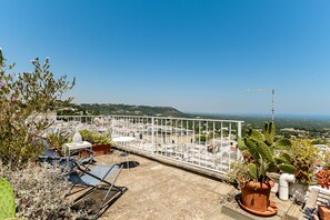 Une terrasse sur le toit, dotée d’une rambarde en métal, de plantes en pot et offrant une vue sur le paysage urbain.