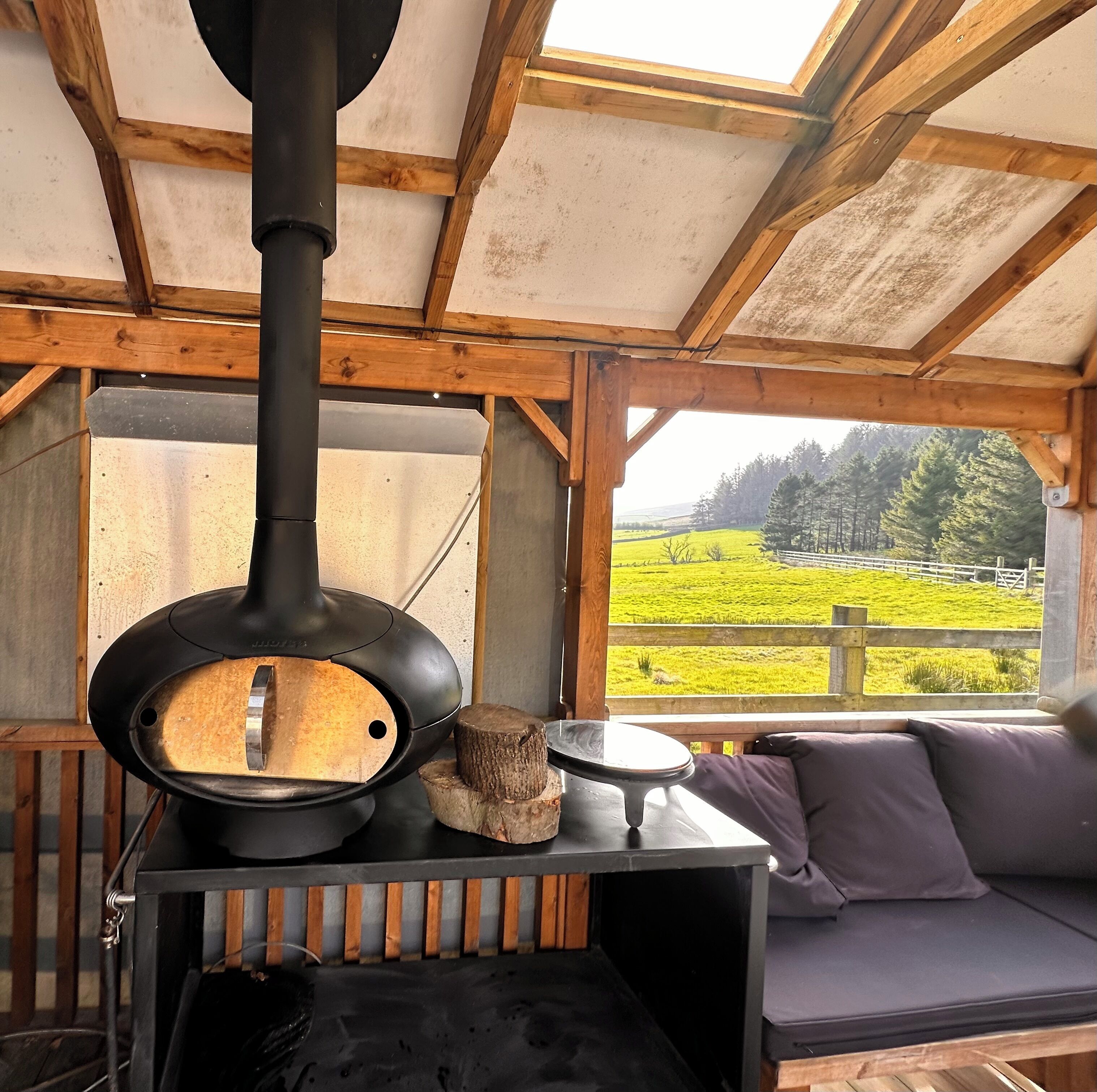A wood-burning stove with a view of a green landscape through a window.