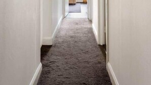 Ein Flur mit weißen Wänden und Teppichboden, der zu einem Zimmer mit Fenster und Pflanze führt.