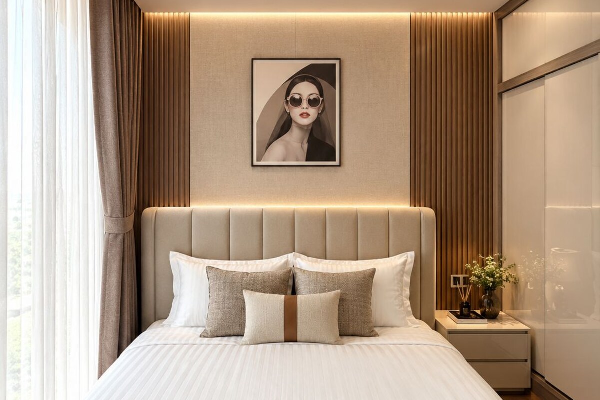 Un dormitorio moderno con una cama grande, cabecera con iluminación integrada, mesita de noche con un florero y un cuadro en la pared.